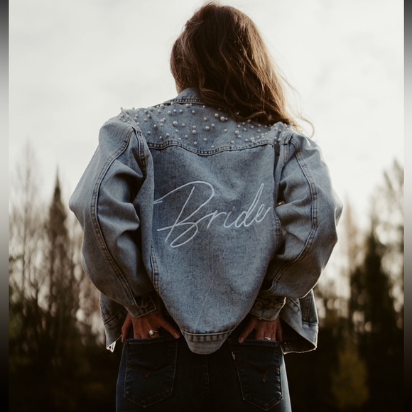 Heirloom Bridal Company BRIDE Pearl studded embroidered denim jacket Bach MED - Picture 2 of 4